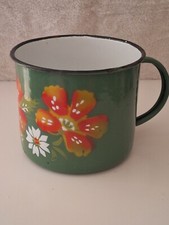 ANCIEN POT A LAIT EN TÔLE EMAILLEE  VERT DÉCOR FLEURS VINTAGE