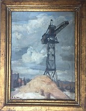 Maurice-Elie Sarthou Huile sur panneau signée travaux gru chantier urbanisme art