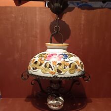 Lustre Ancien En Céramique Et Fer Forgé, Décor Floral,Provençal, 52cm