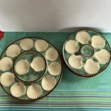 Ancien plat Barbotine de service à huîtres avec  12 assiettes céramique  panier
