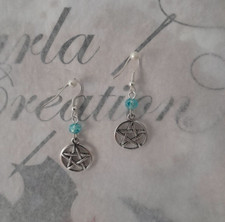 BC6/Fait Main Paire De Boucle D'oreille Pentagramme Et Perle En Cristal Bleu