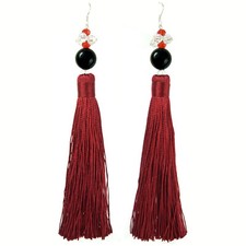 Boucles D'oreilles femme Longues Pierre Agate noire pompon gland rouge bordeaux
