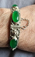Bracelet Kabyle Berbère jonc en argent massif & cabochons couleur vert émeraude