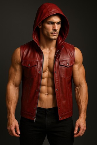 Gilet cuir rouge capuche - cuir, à