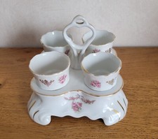 présentoir porte-coquetiers ancien en porcelaine / fleurettes / ensemble complet