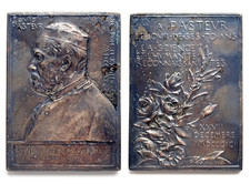 MÉDAILLE DE TABLE PLAQUETTE EN BRONZE ARGENTÉ LOUIS PASTEUR 70ans 1892