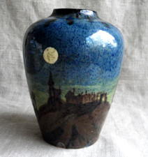 VASE VINTAGE EN CÉRAMIQUE VERNISSÉE - ÉMAILLÉE- PAYSAGE AU CLAIR DE LUNE - SIGNÉ
