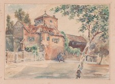 W. Krick - Vue Du Clocher Aquarelle Dessin 1930