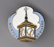 RARE PINS PIN'S .. RELIGION EGLISE CHURCH CLOCHER HORLOGE MONTCY ST PIERRE 08~D6