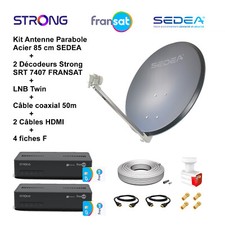Kit Parabole 85cm + LNB Twin + 2 Décodeurs + Câble 50m +2 Câbles HDMI+4 Fiches F