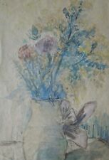 Fleurs en pichet, jauni pastel, aquarelle, signé illisible, 24x31 cm