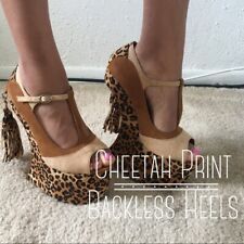 Women's Brown and Nude Leopard Heelless T Bone Strap Heels with Tassel Size 7