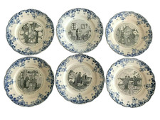 6 assiettes ancienne Badonviller humour parlante décor fleurs bleu état usage