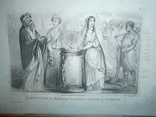 Gravure ancienne Gréce costume Prêtre et prêtresse de Diane Vestale Victimaire