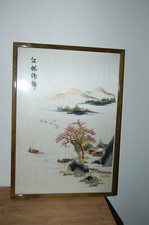 Tableau asie superbe paysage  brodé , textile vintage , broderie