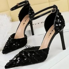 ✨ Talons aiguilles noirs à bout pointu à paillettes pour femmes – escarpins...