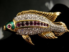 SIGNED SWAROVSKI PAVE' CRYSTAL FISH PIN~BROOCH PLATED WITH 22 KT GOLD RETIRED 