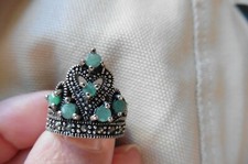 Somptueuse bague en argent style indien sertie émeraudes véritables Taille 53-54