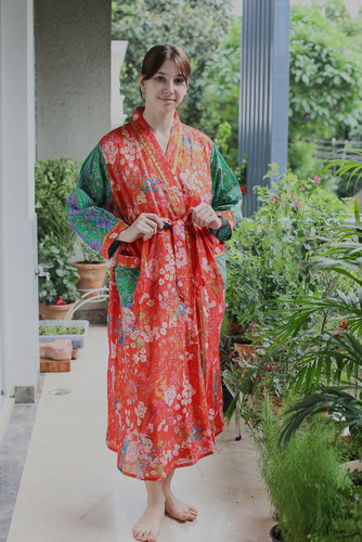 Robe longue kimono - , orange-vert