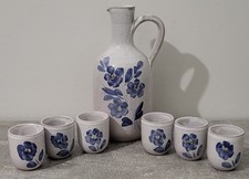 Service à Liqueur en Grès Terre Cuite Ancien Vintage Décoration Fleural Bleu  