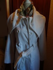 femme blanc veste manteau laine  mi/ceintré ,grand col ,poches T40/42+OFF FOULAR