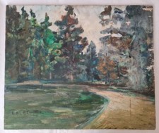 Tableau expressionniste années 40 signé (Illisible). Huile 46cm x 55cm "Paysage"