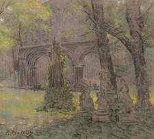 Dessin pastel tableau encadré paysage impressionniste église parc Paul MADELINE
