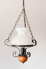 Ancienne Suspension de Salon Vintage Bois et Fer Abat-Jour Opaline Blanc