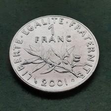 Pièce de monnaie 1 franc semeuse en nickel année 2001 qualité SUP nettoyée.