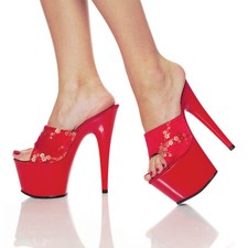 Mules Plateformes Haut Talons 16cm Sexy Geisha Satin Rouge Cuir Pleaser 38 US 8