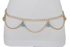 Femmes Sexy Métal Or Chaîne Vagues Ceinture Mode Balle Breloque Turquoise BLEU M