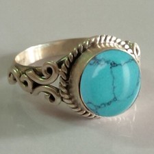 Naturel Bleu Turquoise Rond Gemme Thérapeutique Bague 925 Argent Sterling Bobo