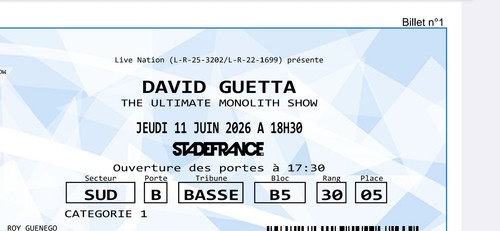 Billet david guetta juin - x2,