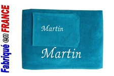 Serviette + gant de toilette personnalisé ou drap de bain  NEUF Ref.Bleu canard