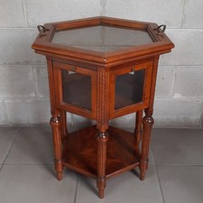 Petite Table de Thé Hexagonale Avec Plateau Amovible Bois Noyer Verre Vintage 60