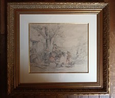 magnifique grand dessin ancien crayon et sanguine scène champêtre huet