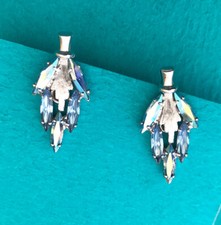 SHERMAN Blue Aurora Borealis Rhinestone Flower Screwback Earrings