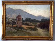 Ecole française: Oratoire dans un paysage provençal ancienne huile sur bois C838