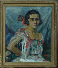 Ancien Tableau  Portrait de jeune fille Costume Espagne 1930 Mag hst cadre 