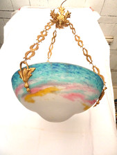 Muller,Frères,Lustre art nouveau.Verre marmoreen.(déco,pâte,lampe).Bronze doré.