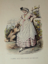 Femme des environs de Mâcon - Gravure sur acier 19ème coloriée et gommée