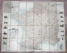 FRANCE OVERSIZE ROAD MAP 1900 DE DION BOUTON ANTIQUE FOLDING MAP ON LINEN