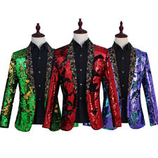 Hommes Réversible Bicolore Paillettes Sequin Costume Veste Blazer Scène Haut