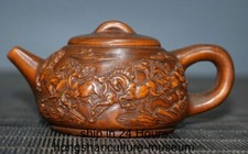 3.2" Old Chinese Boxwood Wood Fengshui 12 Zodiac Year Horse Wine Tea Pot Flagon
