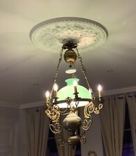 lustre ancien Bronze/Opaline Verte 6 Bougeoirs H 120 Diamètre 60