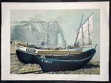Loïc DUBIGEON "Les barques d'Etretat" Lithographie signée