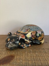 Figurine Chat Endormi Porcelaine De Satsuma Chine Noir Coloré Famille Asiatique