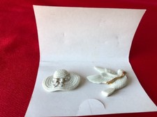 Lenox 2 Porcelain Brooches Pins Gilded Lady Hat w/Rhinestone & Dove Gold Accent
