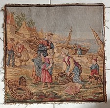 tapisserie ancienne 50x50cm paysage lacustre village de pêcheurs aux pays-bas