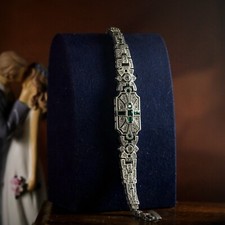 Bracelet Argenté Antique Art Deco CZ Vert Vintage Style Mariage SC11